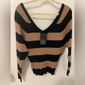 Chaser V-Neck Sweater in Black and Tan Stripes
